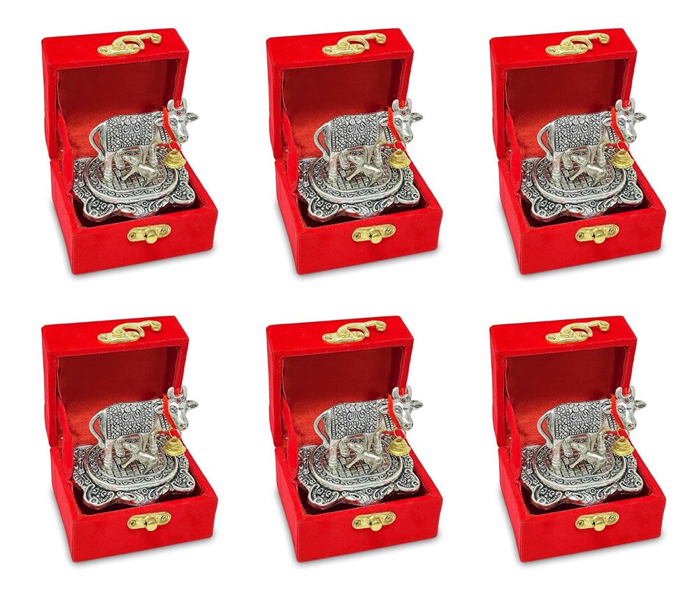 1154 Pooja Items Diwali Gift Golden Small Kamdhenu Cow and Calf with Red